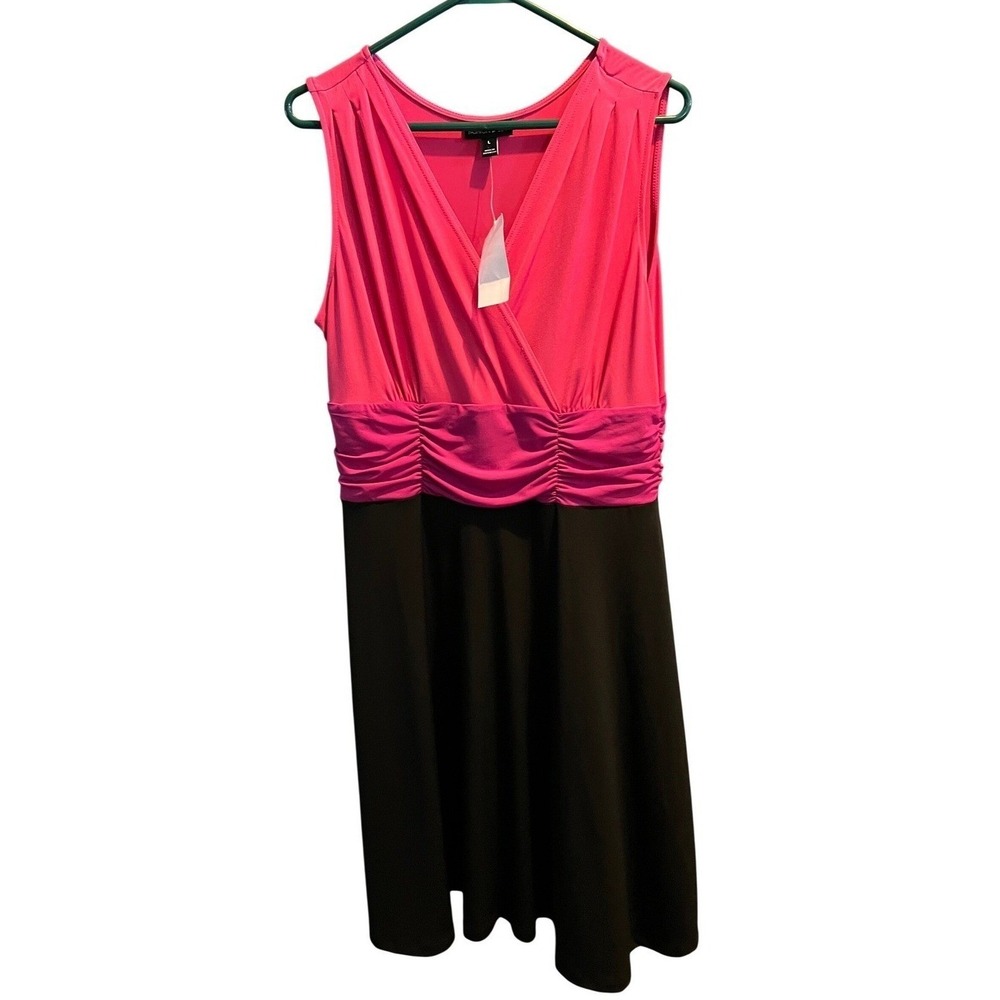 Fashion Bug Womens Pink Black Colorblock Ruched Waist V-Neck Dress Size L NWT - Picture 1 of 4